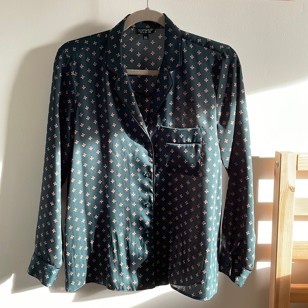 Top Shop Blouse Emerald Green With Pattern